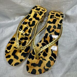 WOODIES Wood Flip Flop Gold Sequin Leopard Print Wooden Sandals Size 7
